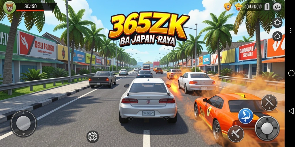 Tampilan gameplay <strong>365ZK</strong> yang mendebarkan dengan mobil balap dan lintasan yang menantang.