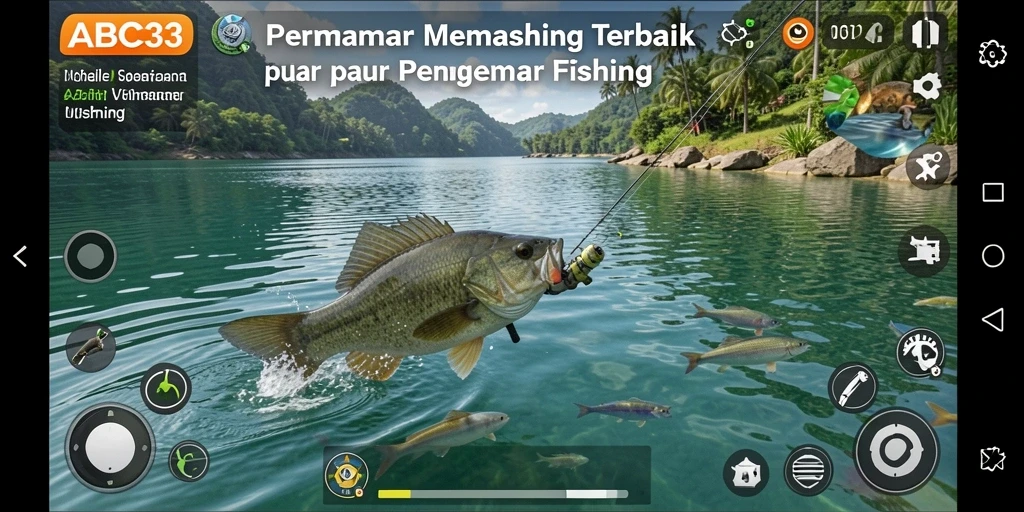 Screenshot gameplay ABC33 menampilkan momen seru saat memancing ikan besar.