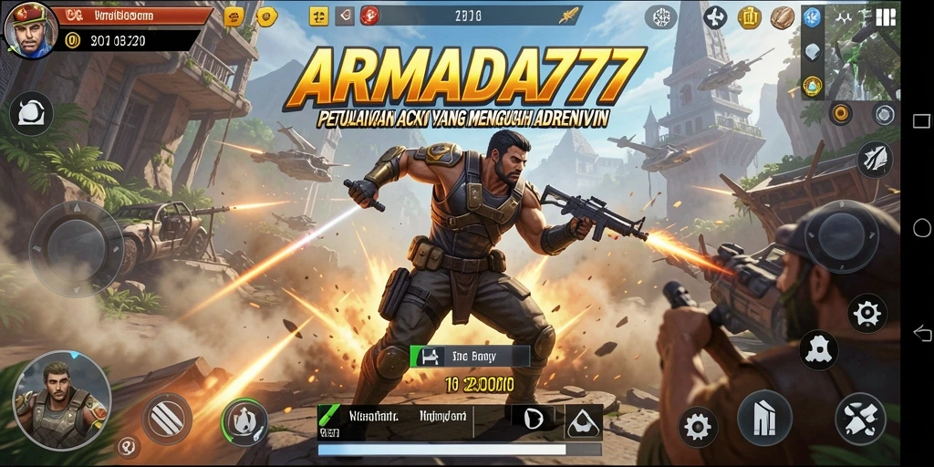 Tampilan gameplay menegangkan dalam ARMADA777 saat berjuang melawan musuh.