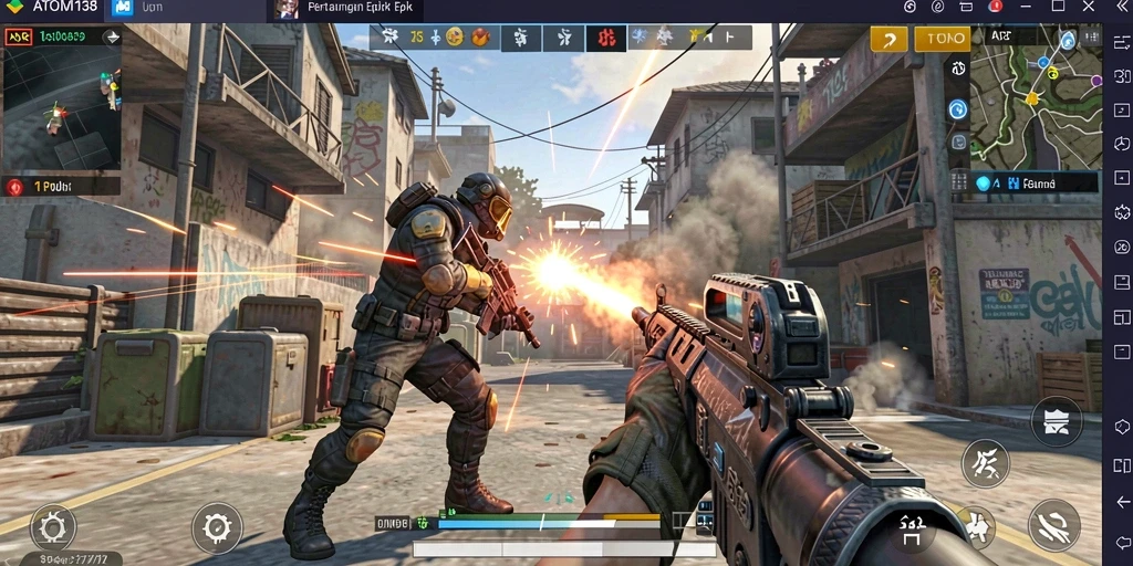 Screenshot gameplay ATOM138 yang menunjukkan aksi tembak-menembak yang mendebarkan.