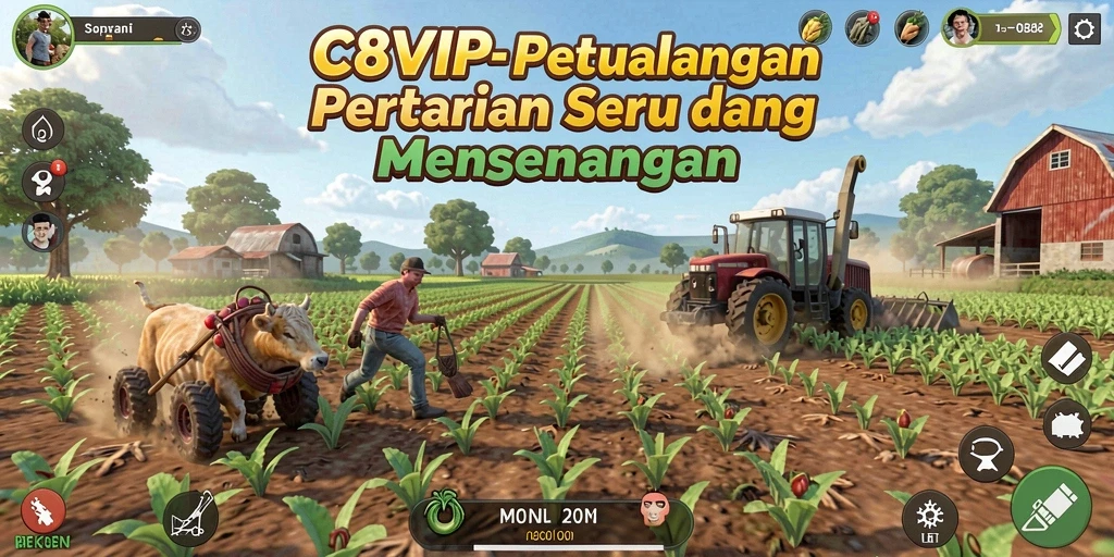 Tangkapan layar C8VIP menampilkan pemain yang sedang merawat ladang tanaman yang subur.