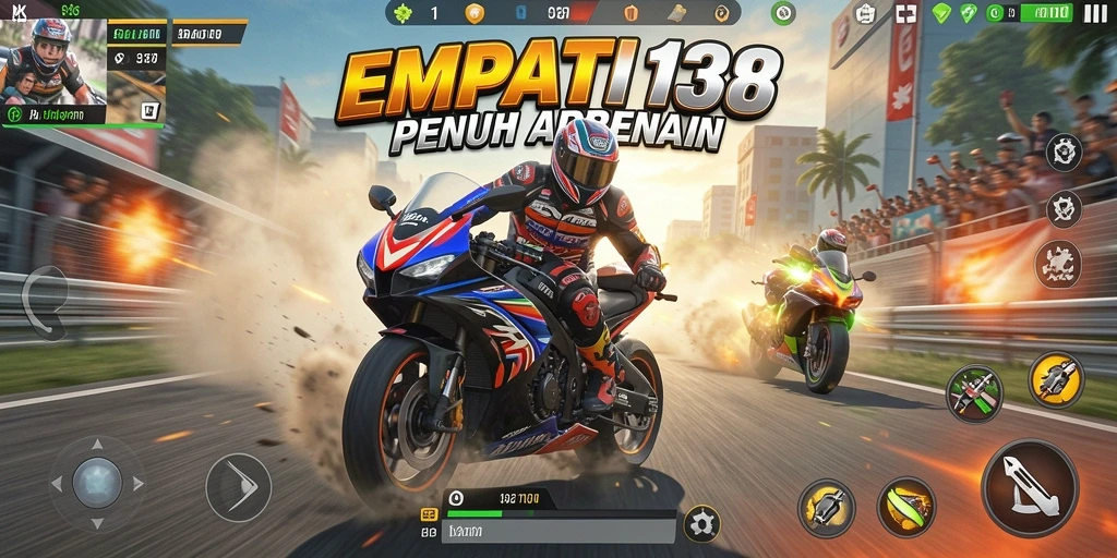 Screenshot gameplay <strong>EMPATI138</strong> yang menggambarkan balapan motor yang mendebarkan.