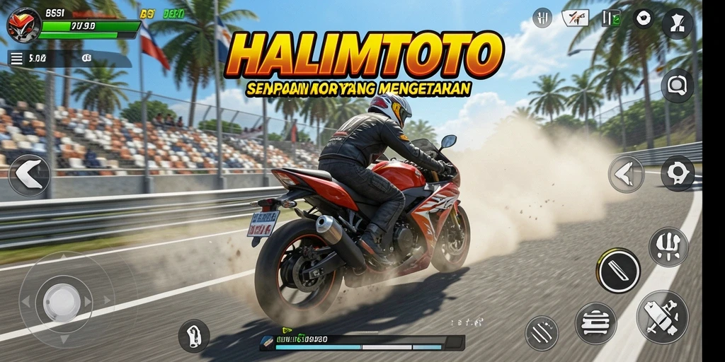 Screenshot gameplay seru HALIMTOTO yang menunjukkan balapan motor yang intens.