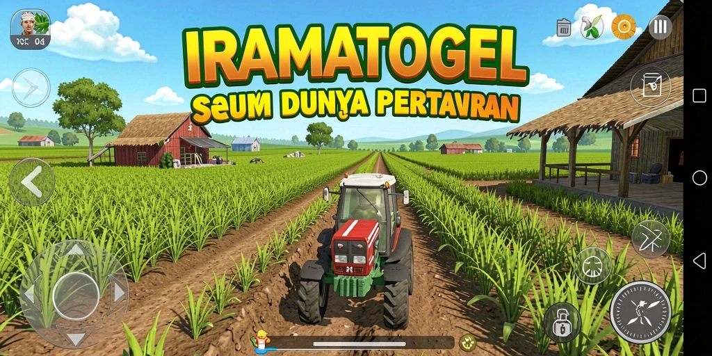 Screenshot gameplay menunjukkan ladang subur dan hewan ternak yang lucu.