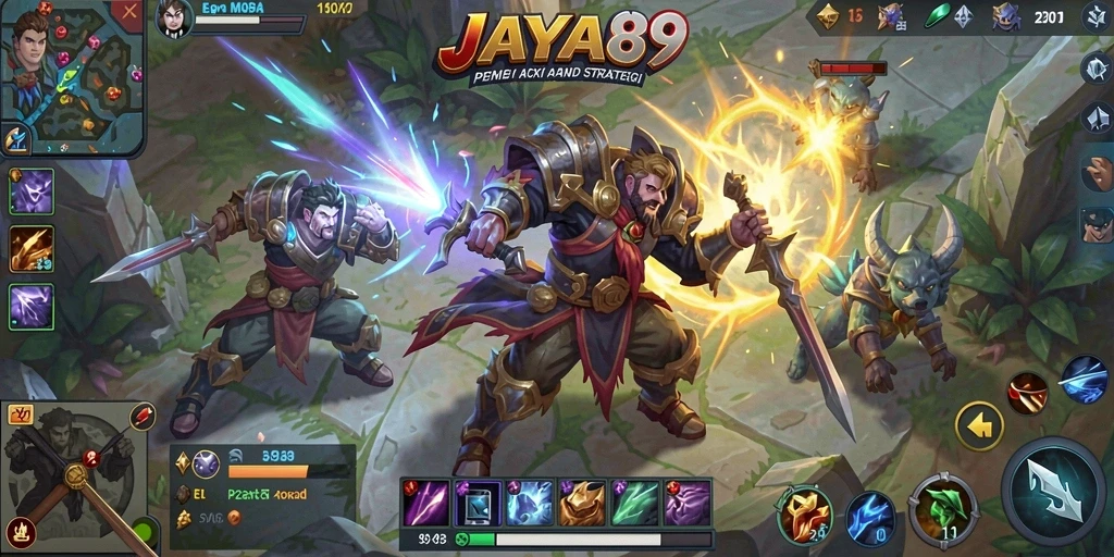 Screenshot gameplay MOBA JAYA89 yang menampilkan pertempuran seru