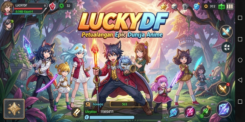 Screenshot LUCKYDF menampilkan pertempuran seru dengan karakter Anime.