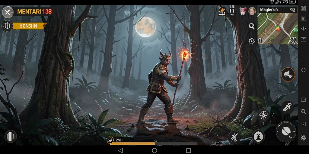 Screenshot gameplay <strong>MENTARI138</strong> yang memperlihatkan suasana mencekam dalam hutan.