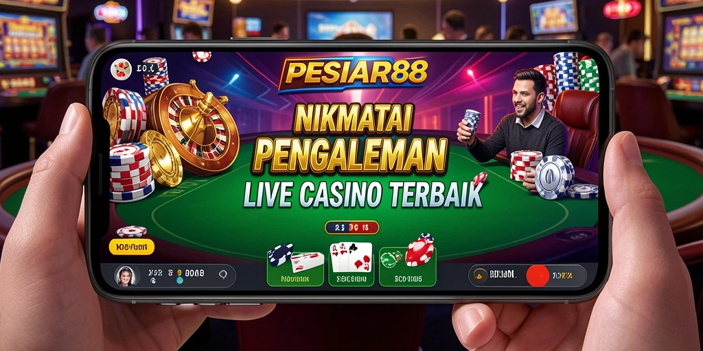 Screenshot menunjukkan dealer profesional dan pemain yang terlibat dalam permainan Live Casino.