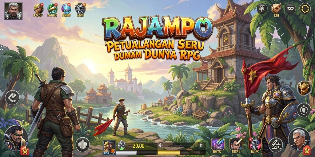 Screenshot gameplay RAJAMPO menunjukkan karakter sedang bertarung di dunia fantasi.