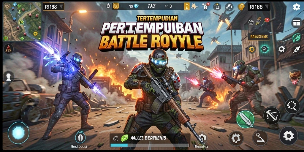 Screenshot utama RI188 menampilkan pertempuran seru Battle Royale.