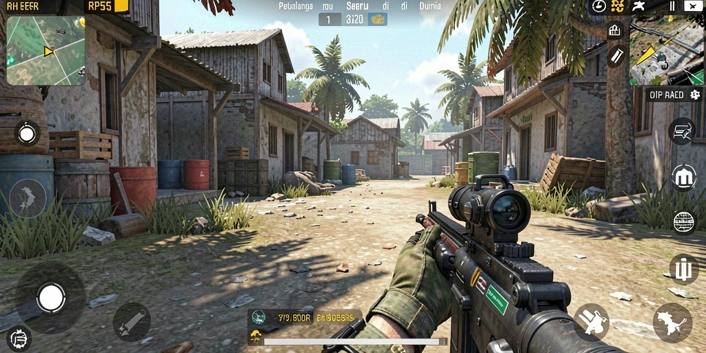 Tampilan aksi mendebarkan dari gameplay RP55 dengan berbagai senjata FPS.