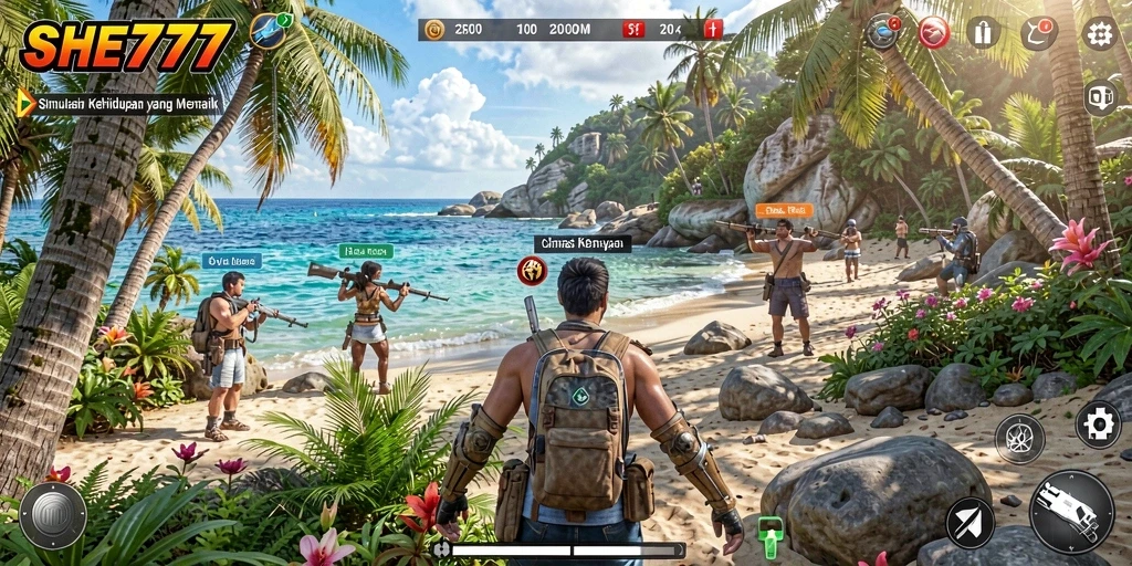 Tampilan gameplay menarik dari SHE777 yang menggambarkan simulasi kehidupan.