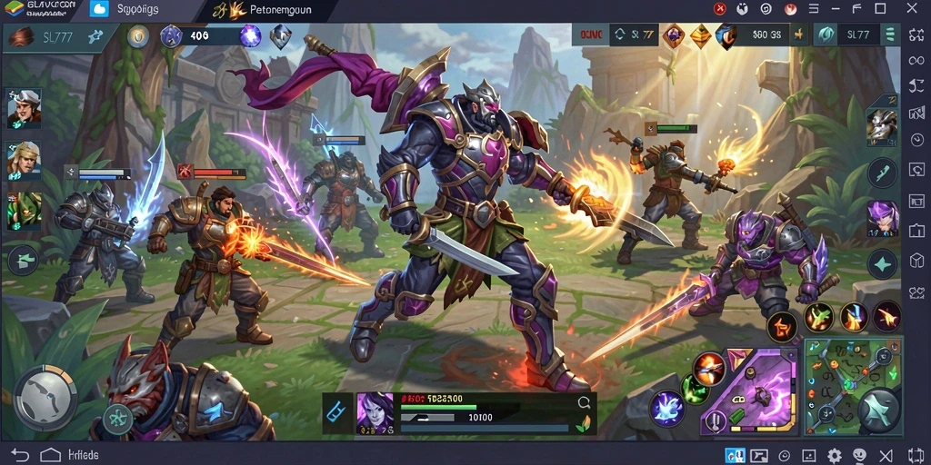Screenshot utama SL777 menunjukkan aksi pertempuran seru di arena MOBA.