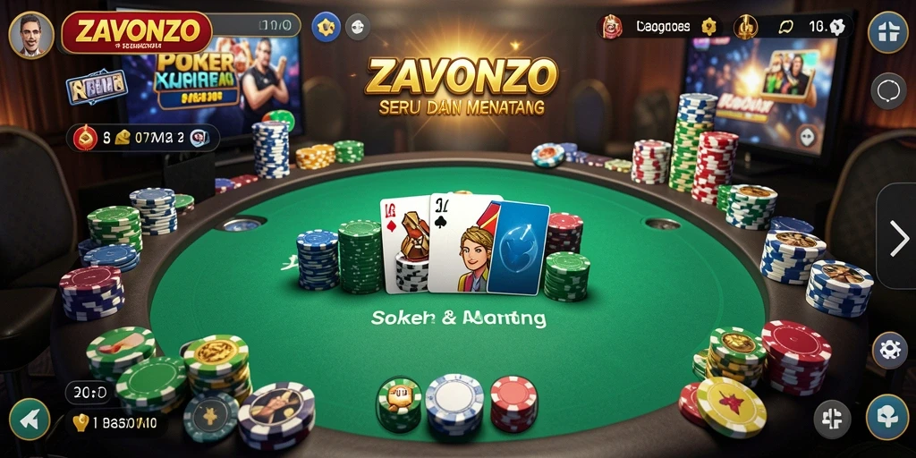 Tampilan gameplay menarik dalam ZAVONZO dengan suasana poker yang seru.